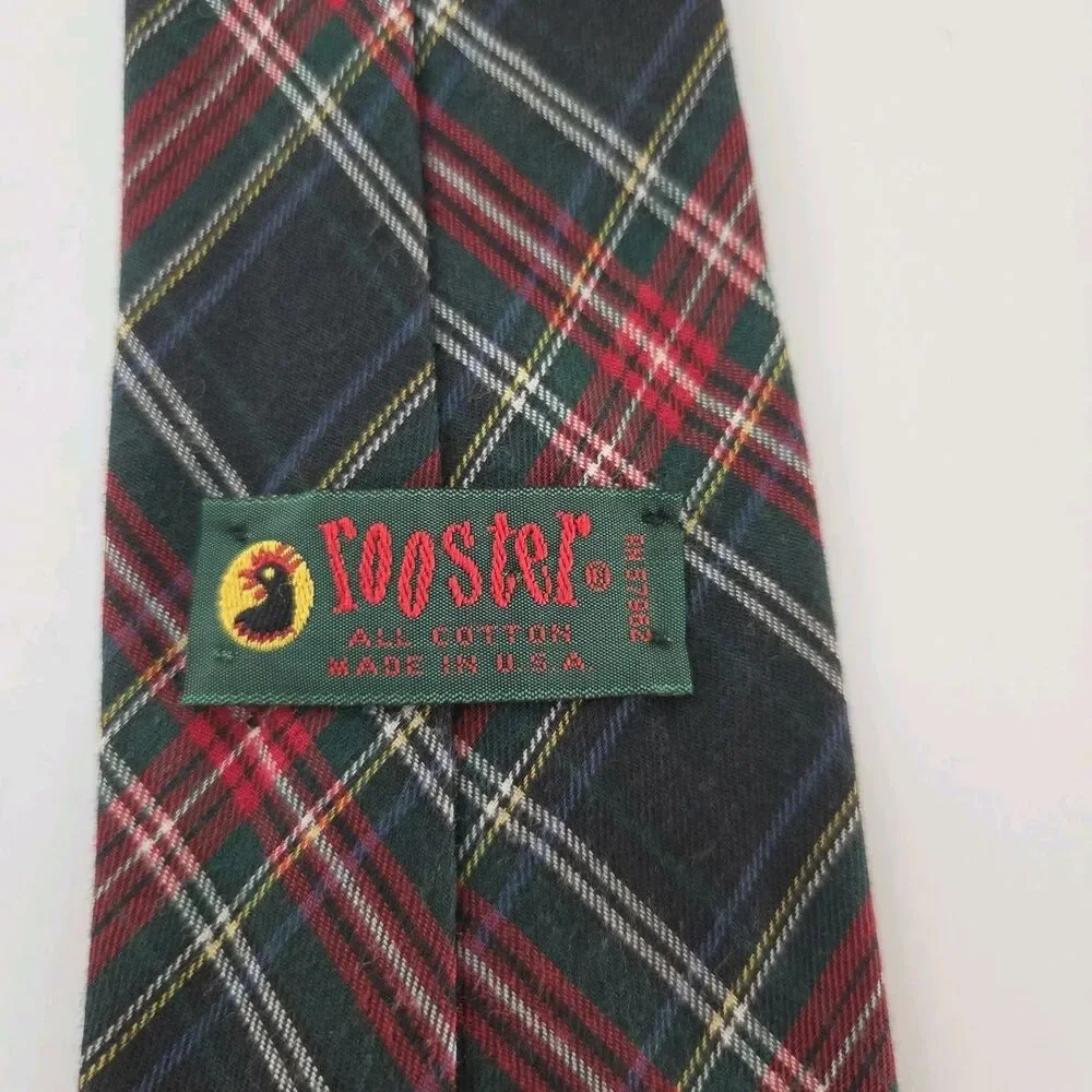 Vintage Rooster Tie Mens 100% Cotton Plaid Tartan Red Green Made in USA